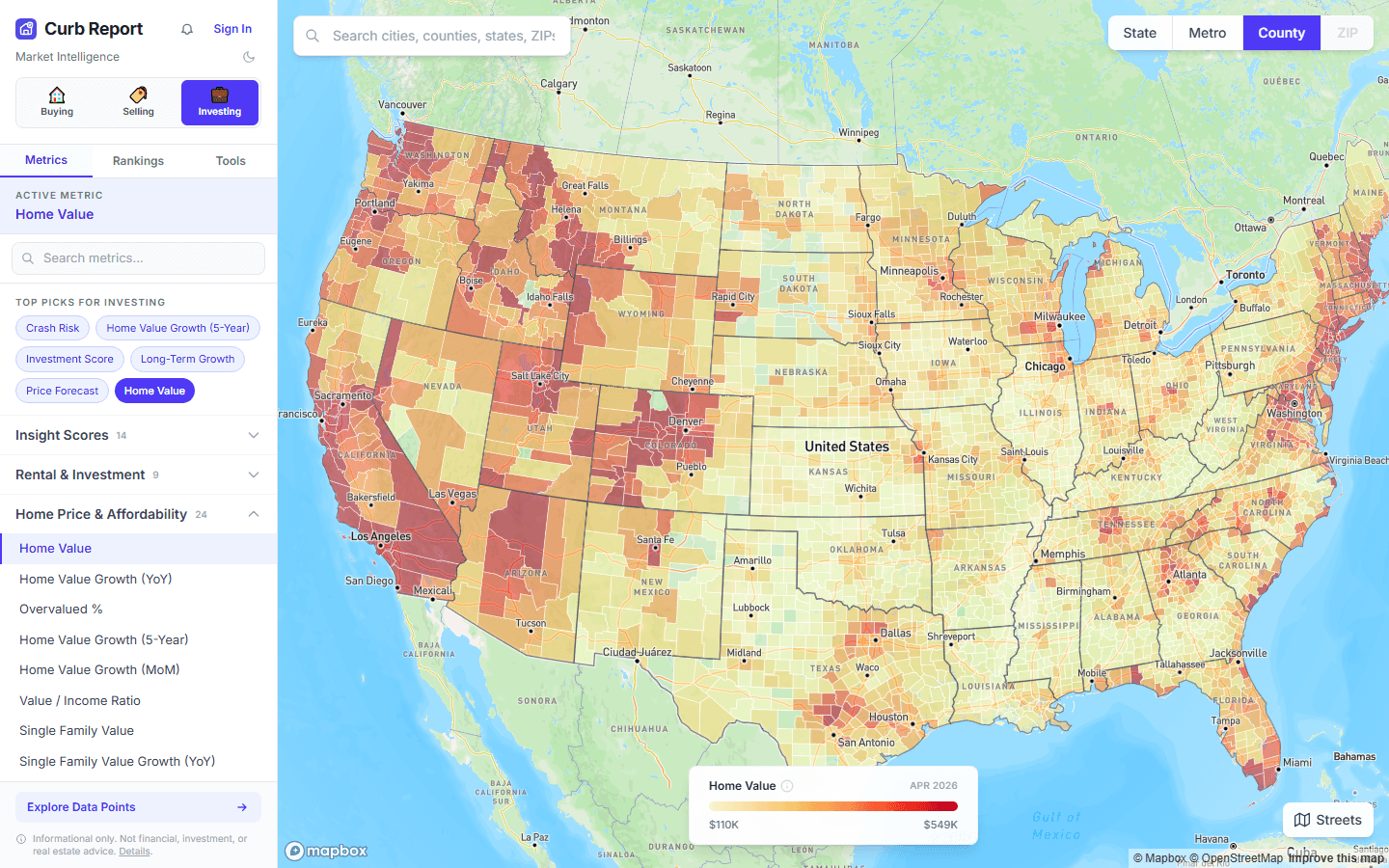 Interactive U.S. housing market heat map colored by home price forecast on Curb Report