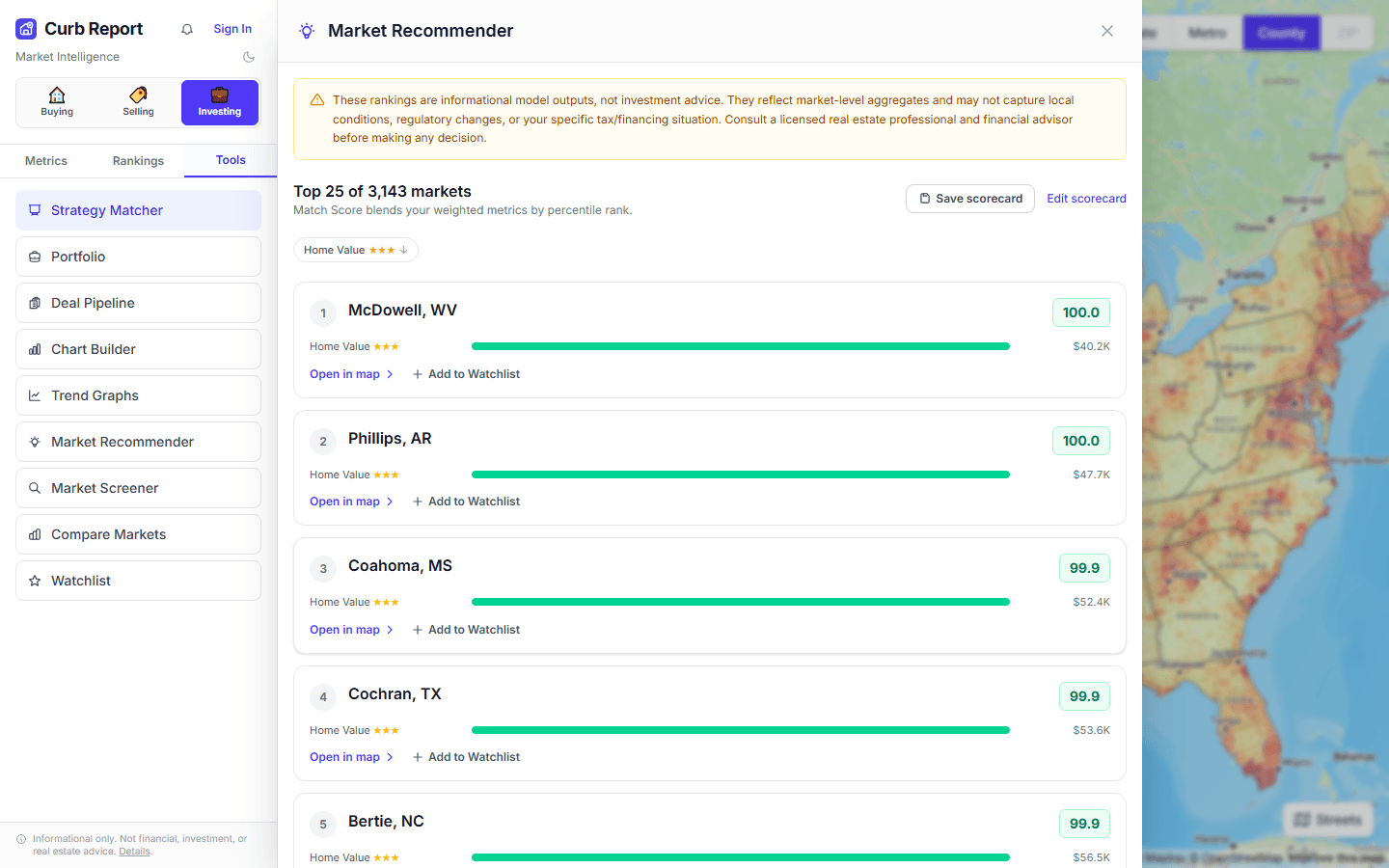 Curb Report Market Recommender ranking U.S. housing markets by a weighted Match Score